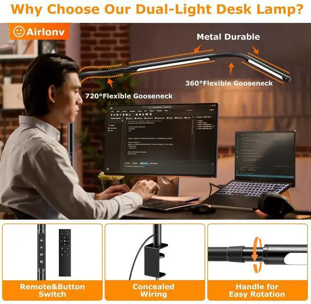 Alt view image 4 of 7 - LED Desk Lamp for Home Office, Eye-Caring Desk Light with Adjustable Gooseneck, Dual Screen Computer Monitor Light with Stepless Dimming, Stepless Color Temp, Memory Function for Study, Workbench