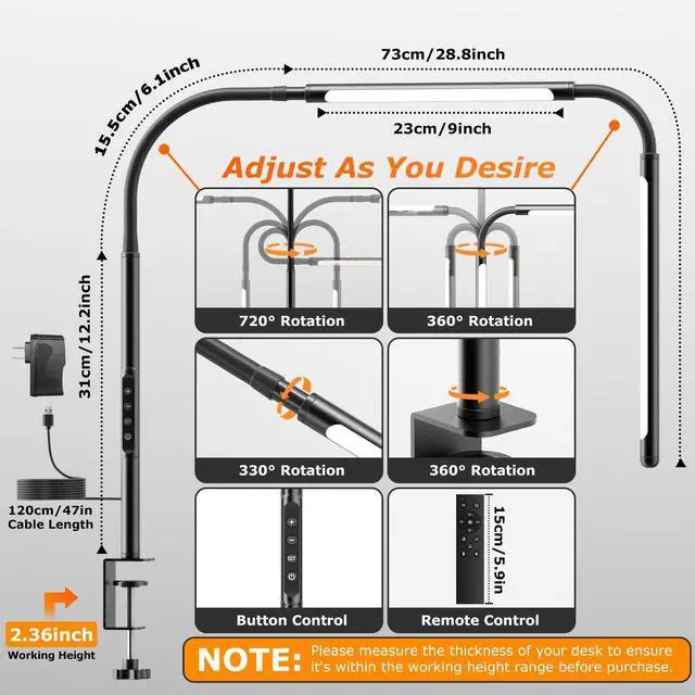 Alt view image 3 of 7 - LED Desk Lamp for Home Office, Eye-Caring Desk Light with Adjustable Gooseneck, Dual Screen Computer Monitor Light with Stepless Dimming, Stepless Color Temp, Memory Function for Study, Workbench