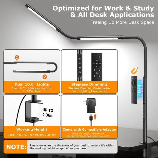 Alt view image 5 of 7 - LED Desk Lamp for Home Office, Eye-Caring Desk Light with Adjustable Gooseneck, Dual Screen Computer Monitor Light with Stepless Dimming, Stepless Color Temp, Memory Function for Study, Workbench