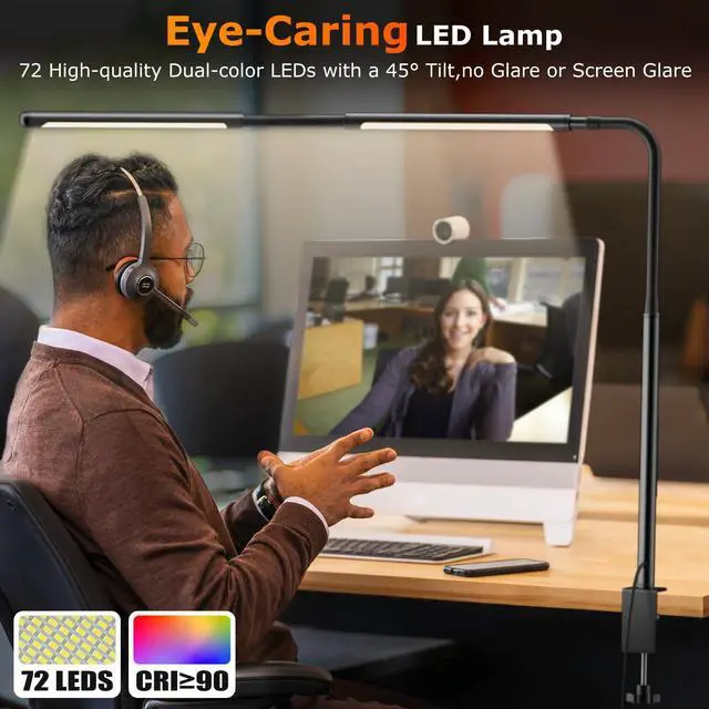 Alt view image 7 of 7 - LED Desk Lamp for Home Office, Eye-Caring Desk Light with Adjustable Gooseneck, Dual Screen Computer Monitor Light with Stepless Dimming, Stepless Color Temp, Memory Function for Study, Workbench
