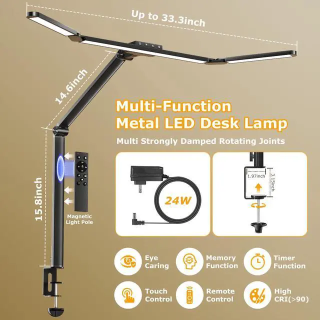 Alt view image 3 of 7 - LED Desk Lamp with Clamp, Architect Desk Lamp for Home Office with Remote, 24W Ultra-Bright Desk Light with Stepless Dimming and Stepless Color Temp, Memory Function for Study and Workbench