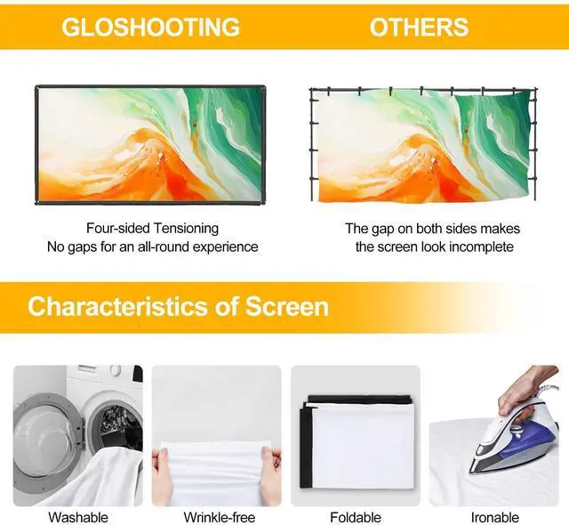 Alt view image 3 of 7 - Projector Screen with Stand, 100 inch Portable Projector Screen Stand with Elastic Rope Bar, Outdoor Indoor 16:9 4K HD Wrinkle-Free Front Rear Projection Screen with Carry Bag for Home Theater Party