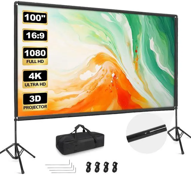 Main image of Projector Screen with Stand, 100 inch Portable Projector Screen Stand with Elastic Rope Bar, Outdoor Indoor 16:9 4K HD Wrinkle-Free Front Rear Projection Screen with Carry Bag for Home Theater Party
