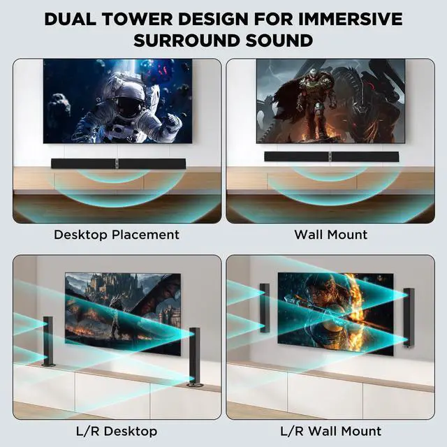 Alt view image 5 of 7 - Sound Bar, TV Soundbar 80W with Bluetooth 5.3 Stereo Immersive Sound Detachable 2-in-1 Design for Home Theater Smart TV PC & Music Experience