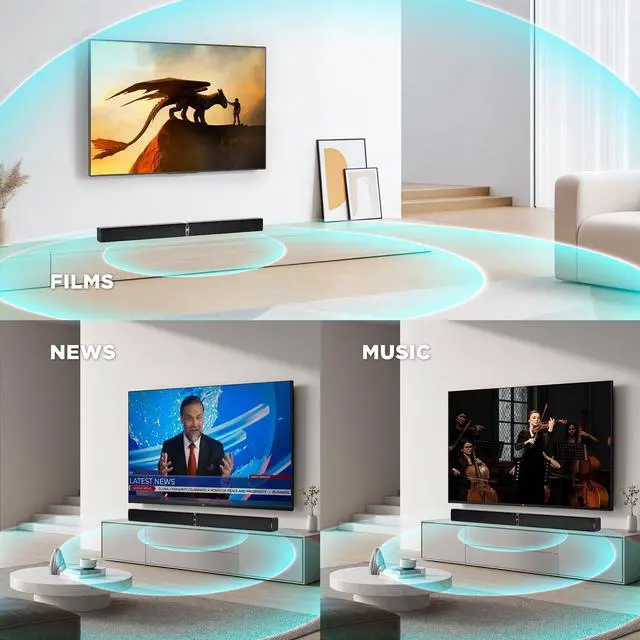 Alt view image 7 of 7 - Sound Bar, TV Soundbar 80W with Bluetooth 5.3 Stereo Immersive Sound Detachable 2-in-1 Design for Home Theater Smart TV PC & Music Experience