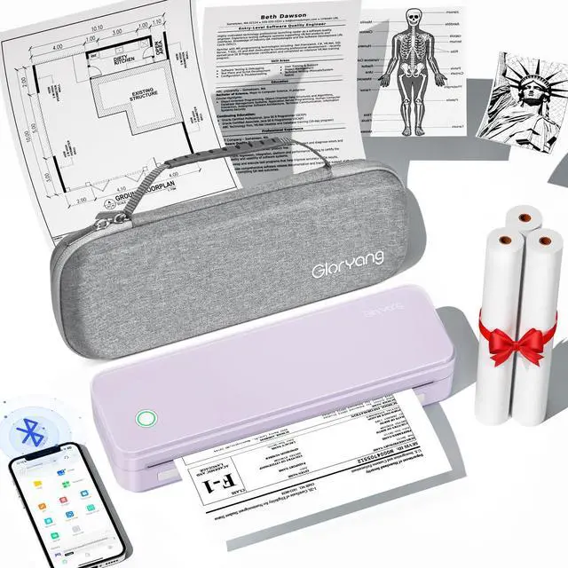 Main image of Inkless Portable Printer for Travel, Wireless Thermal Printer Supports 8.5 x 11 Inch US Letter Size, Bluetooth Machine Includes Carry Case and 3 Rolls of Thermal Paper Kit, Purple