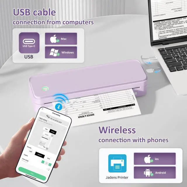 Alt view image 2 of 7 - Inkless Portable Printer for Travel, Wireless Thermal Printer Supports 8.5 x 11 Inch US Letter Size, Bluetooth Machine Includes Carry Case and 3 Rolls of Thermal Paper Kit, Purple