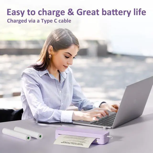 Alt view image 6 of 7 - Inkless Portable Printer for Travel, Wireless Thermal Printer Supports 8.5 x 11 Inch US Letter Size, Bluetooth Machine Includes Carry Case and 3 Rolls of Thermal Paper Kit, Purple