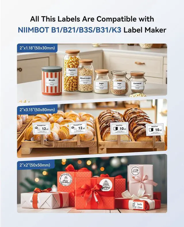 Alt view image 2 of 7 - B1 Label Maker Machine with Tape, Label Printer with 3 Rolls Stickers, 50x30mm/50x80mm White Label /50x50 Round Paper for Office Supplies, Home, Business