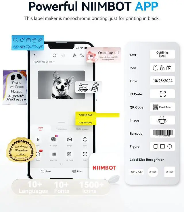 Alt view image 5 of 7 - B1 Label Maker Machine with Tape, Label Printer with 3 Rolls Stickers, 50x30mm/50x80mm White Label /50x50 Round Paper for Office Supplies, Home, Business