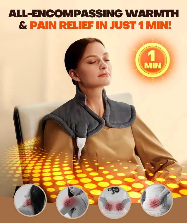 Alt view image 2 of 6 - Graphene-Infused 1Min Fast Heating Pad, Deeper Pain Relief Weighted Heating Pads for Neck and Shoulders and Back, Heated Wrap with 6 Heat Options 4 Auto Timer, Gifts for Men Women Mom Christmas