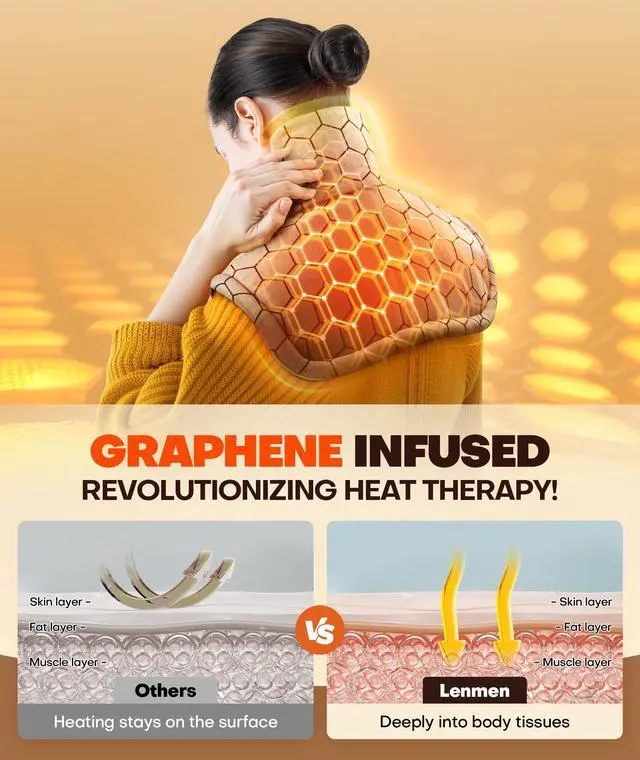 Alt view image 4 of 6 - Graphene-Infused 1Min Fast Heating Pad, Deeper Pain Relief Weighted Heating Pads for Neck and Shoulders and Back, Heated Wrap with 6 Heat Options 4 Auto Timer, Gifts for Men Women Mom Christmas