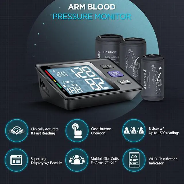 Alt view image 2 of 6 - Blood Pressure Machine Upper Arm, 3 Size Cuffs, S, M/L and XL, Small 7"-9", Medium/Large 9"-17" and Extra Large Cuff 13"-21", Accurate Automatic Digital BP Monitor, Large Backlit LCD, 3-User 1500 MEM