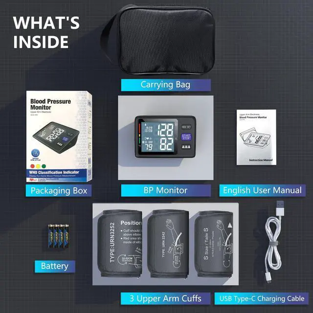 Alt view image 6 of 6 - Blood Pressure Machine Upper Arm, 3 Size Cuffs, S, M/L and XL, Small 7"-9", Medium/Large 9"-17" and Extra Large Cuff 13"-21", Accurate Automatic Digital BP Monitor, Large Backlit LCD, 3-User 1500 MEM