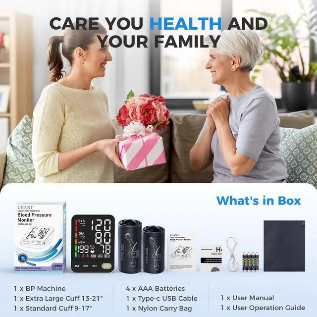 Alt view image 7 of 7 - Blood Pressure Monitor, Extra Large 2 Cuffs Accurate Upper Arm Blood Pressure Machine for Home Use, 9-17''&13-21''Adjustable Blood Pressure Cuff, 6 inch Backlit Large Screen /3 User Mode