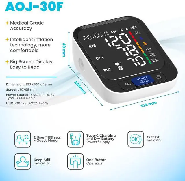 Alt view image 5 of 7 - Blood Pressure Monitor - Automatic Blood Pressure Machine for Home Use - Large Color Screen and Large Adjustable Cuff for Reliable Readings