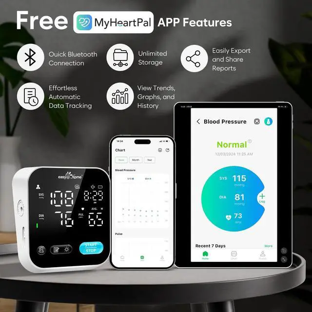 Alt view image 2 of 7 - Blood Pressure Monitor for Home Use   Smart BP Machine with Free MyHeartPal App, Automatic Blood Pressure XL Cuff, LED Screen & Voice Function, Supports Apple & Android Devices | EBP-703T