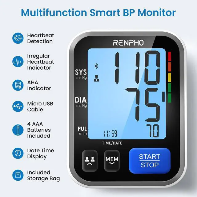 Alt view image 2 of 7 - Smart Blood Pressure Monitor, Wide Cuff, Data Storage, Bluetooth