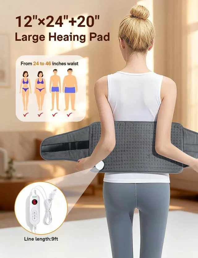 Alt view image 6 of 7 - Heating Pad for Back Pain Relief, 12"x44" Large Heating Pad for Period Cramp, Electric Heating Pads Wrap for Lower Back Neck Shoulders Back Warmer with 10 Heat Levels & 4 Timers Auto Off