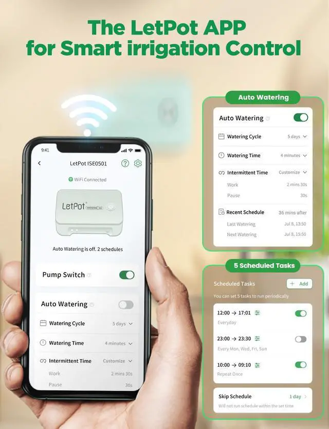 Alt view image 7 of 7 - Automatic Watering System for Potted Plants, [Wi-Fi & App Control] Drip Irrigation Kit System, Smart Plant Watering Devices for Indoor Outdoor, Water Shortage Remind, IPX66, Green