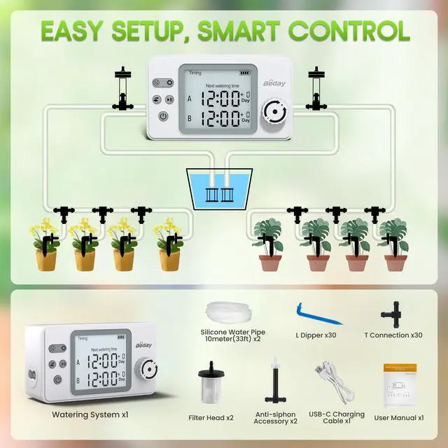 Alt view image 7 of 7 - Automatic Watering System Dual Pump for Indoor Plants, Built-in Rechargeable Battery, Two Independent Water Zones, Worry-Free Vacation Drip Irrigation Kit, Water-Saving Smart Plant Waterer, White