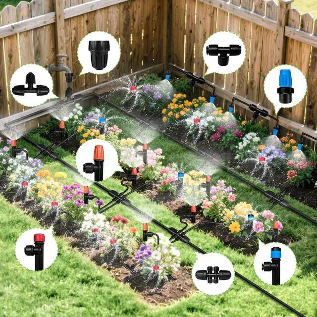 Alt view image 3 of 7 - 230FT Drip Irrigation System for Garden with 40 Nozzles & Emitters, Garden Watering System with 1/2" & 1/4" Tube and Barbed Fittings - Adjustable Sprinklers Kit for Greenhouse, Lawn, Raised Bed