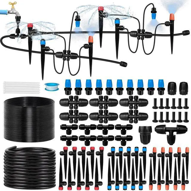 Main image of 230FT Drip Irrigation System for Garden with 40 Nozzles & Emitters, Garden Watering System with 1/2" & 1/4" Tube and Barbed Fittings - Adjustable Sprinklers Kit for Greenhouse, Lawn, Raised Bed