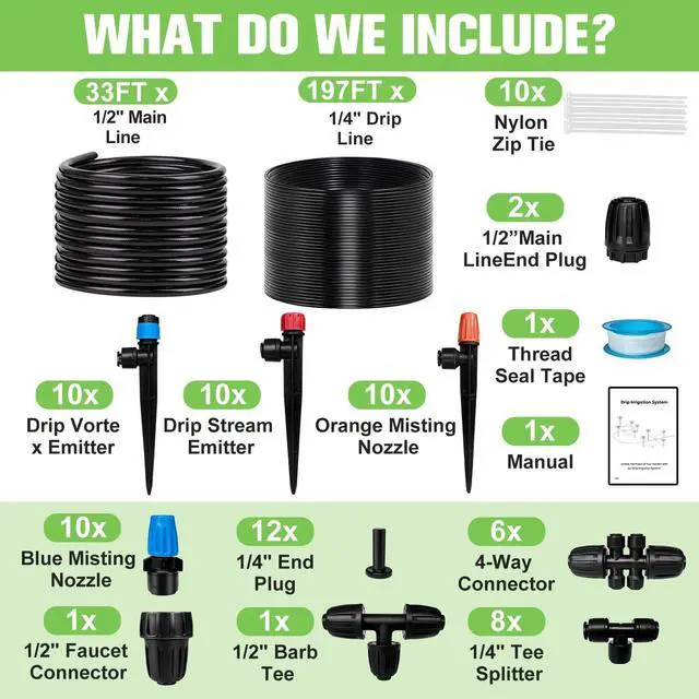 Alt view image 2 of 7 - 230FT Drip Irrigation System for Garden with 40 Nozzles & Emitters, Garden Watering System with 1/2" & 1/4" Tube and Barbed Fittings - Adjustable Sprinklers Kit for Greenhouse, Lawn, Raised Bed