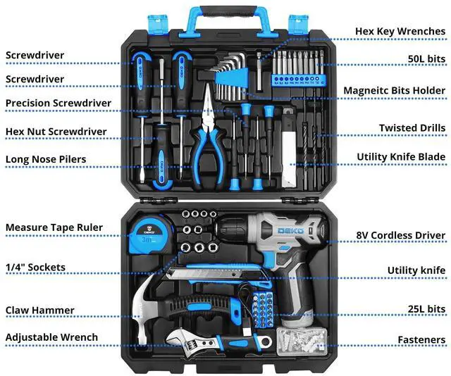 Alt view image 2 of 6 - Drill Set: Tool Set with 8V Blue Cordless Drill, Home Tool Kit with Drill, Hand Tool Kits for Men & Women 126 Piece