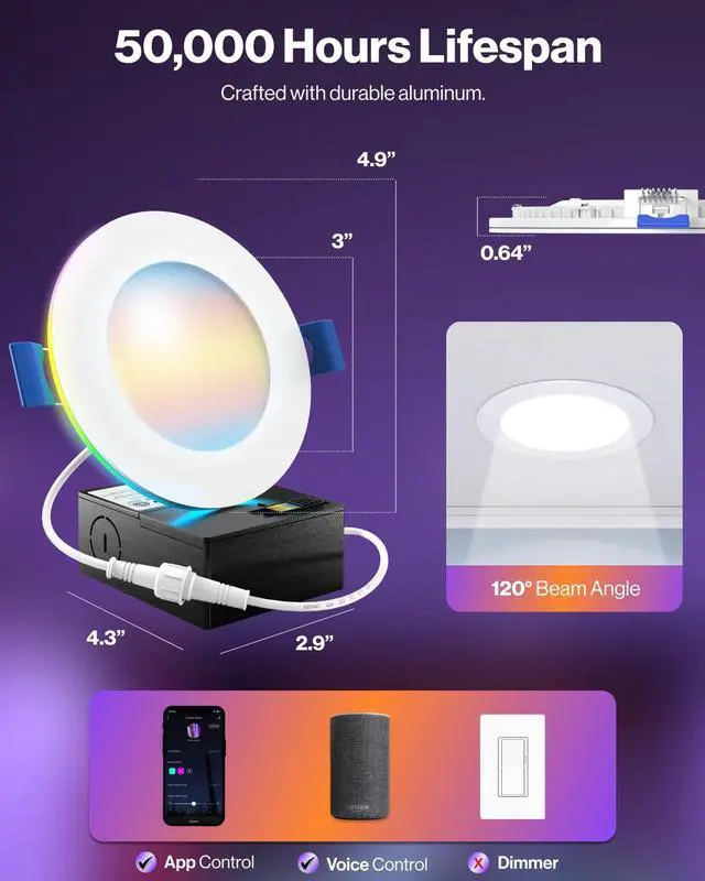 Alt view image 6 of 6 - Sunco 4 Inch 6 Pack Smart Ultra Thin LED Recessed Ceiling Lights with Night Light, Tunable CCT 2700K to 5000K, Dimmable, 11W, Smooth Trim, Canless with Junction Box.