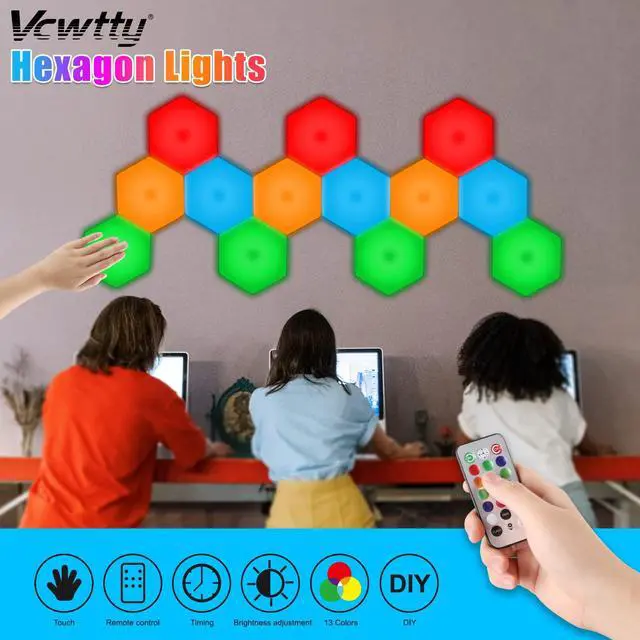 Alt view image 3 of 6 - Hexagon Lights, Smart LED Wall Lights with Remote, 13 Colors Touch-Sensitive DIY Modular Assembled RGB Wall Panels, Hex Light with USB-Power for Autism, Game Room Decor, Party (10 Pack)