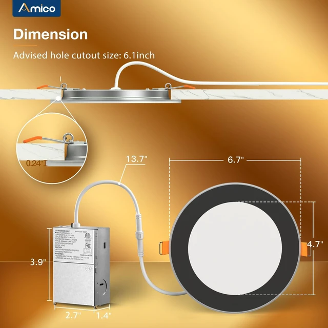 Alt view image 5 of 7 - 6 Pack 6 Inch Black 5CCT LED Recessed Ceiling Light with Night Light 1100 Lumens, 12W Low Power, 5%-100% Smooth Dimming, ETL & FCC Listed, Canless Wafer Downlight, Ultra-Thin Recessed Lighting