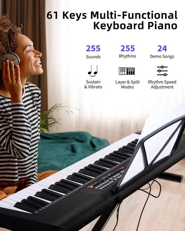 Alt view image 3 of 7 - 61 Keys Compact Keyboard Piano, Multi-Function Electronic Piano with 255 Sounds, 255 Rhythms, 24 Demos, Includes Sheet Music Stand, Note Stickers & Power Supply, Gift for Beginners, Black