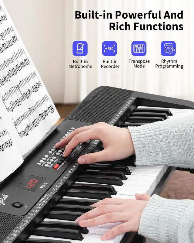 Alt view image 4 of 7 - 61 Keys Compact Keyboard Piano, Multi-Function Electronic Piano with 255 Sounds, 255 Rhythms, 24 Demos, Includes Sheet Music Stand, Note Stickers & Power Supply, Gift for Beginners, Black