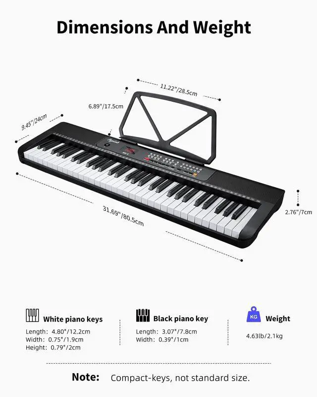 Alt view image 7 of 7 - 61 Keys Compact Keyboard Piano, Multi-Function Electronic Piano with 255 Sounds, 255 Rhythms, 24 Demos, Includes Sheet Music Stand, Note Stickers & Power Supply, Gift for Beginners, Black