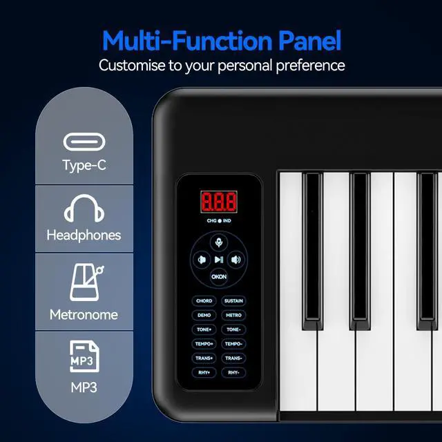 Alt view image 4 of 7 - 61 Key Folding Piano Keyboard, Semi-Weighted Full Size Keyboard Portable Piano with Music Rest, Bag, Bluetooth & MIDI for Beginner, Kids, Adults, Black