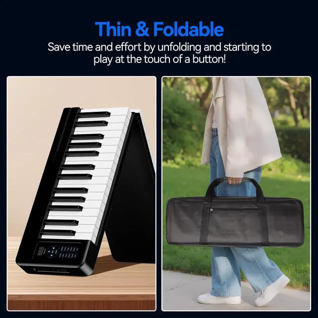 Alt view image 3 of 7 - 61 Key Folding Piano Keyboard, Semi-Weighted Full Size Keyboard Portable Piano with Music Rest, Bag, Bluetooth & MIDI for Beginner, Kids, Adults, Black