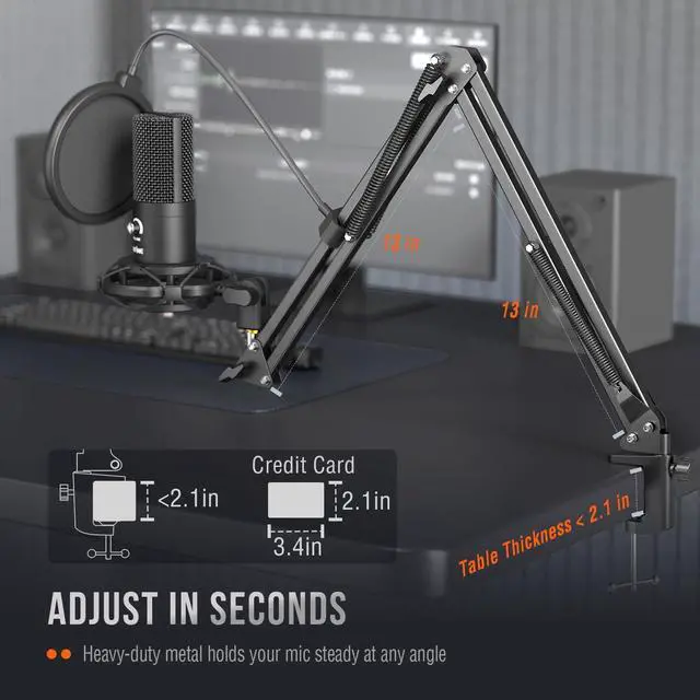 Alt view image 7 of 7 - Studio Condenser USB Microphone Computer PC Microphone Kit with Adjustable Boom Arm Stand Shock Mount for Instruments Voice Overs Recording Podcasting YouTube Vocal Gaming Streaming-T669