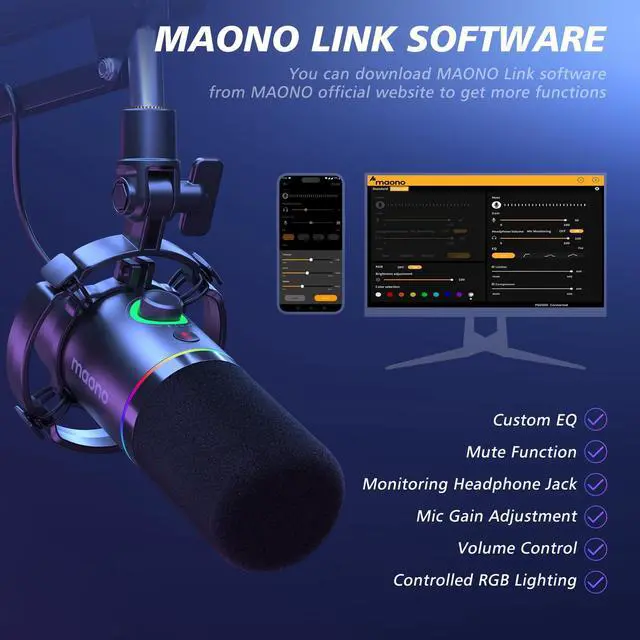 Alt view image 3 of 7 - XLR/USB Dynamic Microphone Kit, RGB Podcast Mic with Software, Mute, Gain Knob, Volume Control, Boom Arm for Streaming, Gaming, Voice-Over, Recording-PD200XS Black
