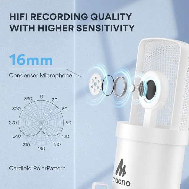Alt view image 3 of 7 - USB Microphone, 192kHz/24bit Plug & Play PC Computer Podcast Condenser Cardioid Metal Mic Kit with Professional Sound Chipset for Recording, Gaming, Singing, YouTube, AU-A04 White