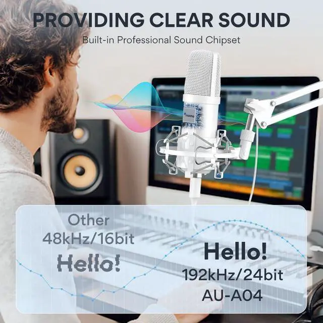Alt view image 2 of 7 - USB Microphone, 192kHz/24bit Plug & Play PC Computer Podcast Condenser Cardioid Metal Mic Kit with Professional Sound Chipset for Recording, Gaming, Singing, YouTube, AU-A04 White