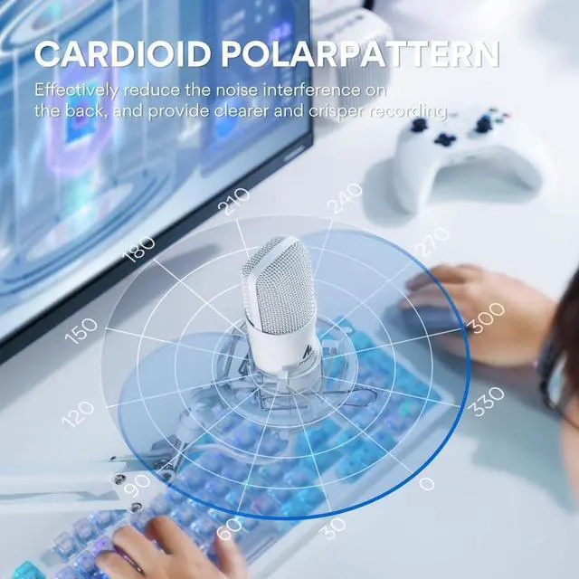 Alt view image 5 of 7 - USB Microphone, 192kHz/24bit Plug & Play PC Computer Podcast Condenser Cardioid Metal Mic Kit with Professional Sound Chipset for Recording, Gaming, Singing, YouTube, AU-A04 White