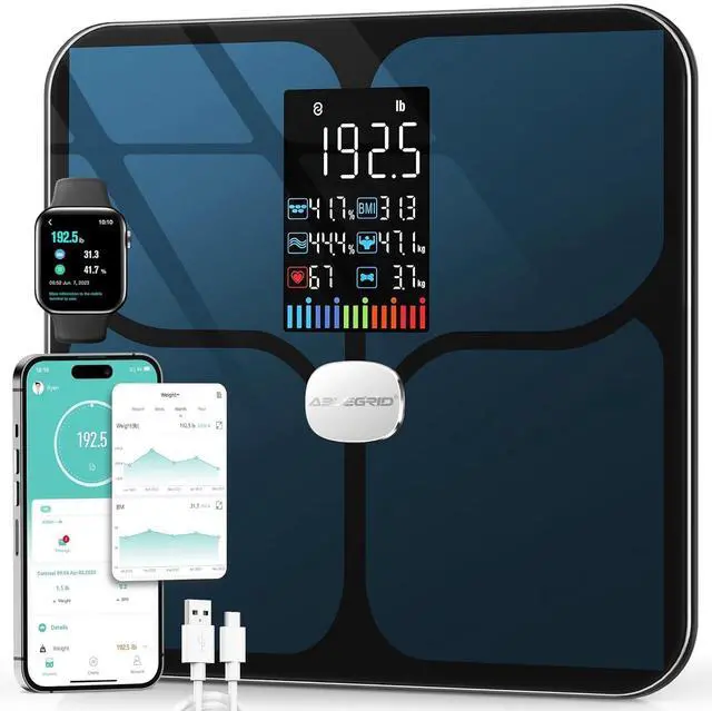 Main image of Body Fat Scale,Digital Smart Bathroom Scale for Body Weight, Large Color Display Screen, 16 Body Composition Metrics BMI, Water Weigh, Heart Rate, Baby Mode, 400lb, Rechargeable