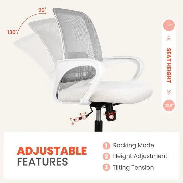 Alt view image 4 of 7 - Office Desk Ergonomic Mesh Computer Chair with Lumbar Support Adjustable Height Swivel Rolling Wheels Comfy Mid Back Task Chair for Home Bedroom Vanity Study (Ivory)