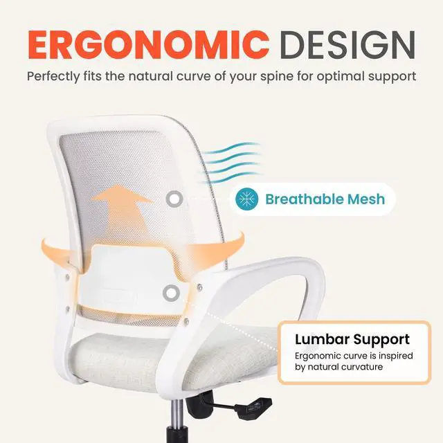 Alt view image 2 of 7 - Office Desk Ergonomic Mesh Computer Chair with Lumbar Support Adjustable Height Swivel Rolling Wheels Comfy Mid Back Task Chair for Home Bedroom Vanity Study (Ivory)