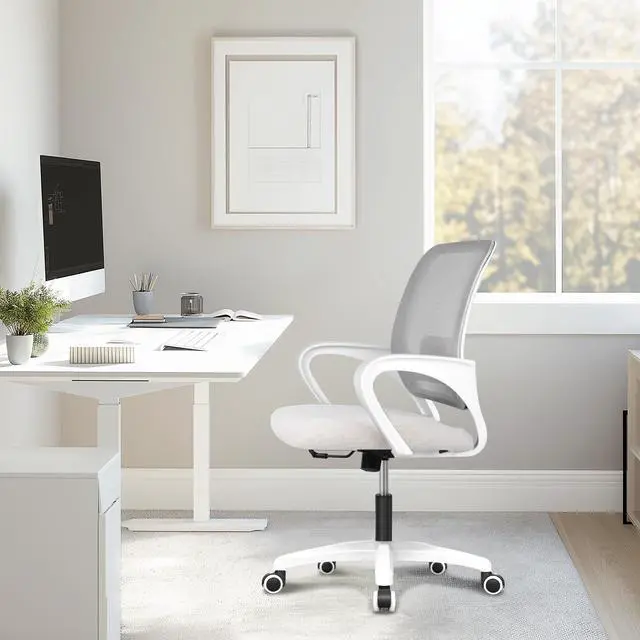 Alt view image 7 of 7 - Office Desk Ergonomic Mesh Computer Chair with Lumbar Support Adjustable Height Swivel Rolling Wheels Comfy Mid Back Task Chair for Home Bedroom Vanity Study (Ivory)