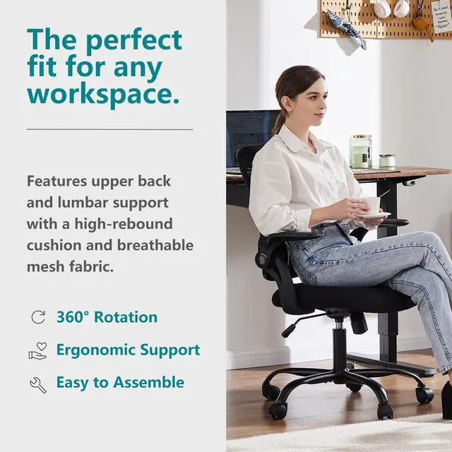 Alt view image 5 of 5 - Ergonomic Office Desk Chair Mesh Adjustable Swivel Mid-Back Computer Chair with Lumbar Support Comfy Flip-up Arms for Home Office