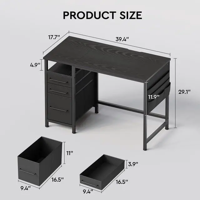 Alt view image 6 of 7 - Small Desk with Drawers, 40 inch Computer Desk with Shelves, Writing Desk with Storage, Small Office Desk with Metal Frame, Black