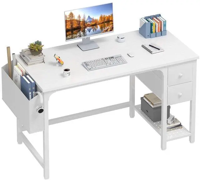 Main image of White Computer Desk with Drawers - 47 Inch PC Desk for Small Space Bedroom Home Office, Modern Simple Study Writing Table Desks with Storage Shelf, White