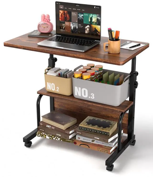 Main image of Portable Rolling Desk on Wheels Adjustable Height Desks for Small Spaces, 32" Computer Desk with Storage Shelves for Home Office Rustic